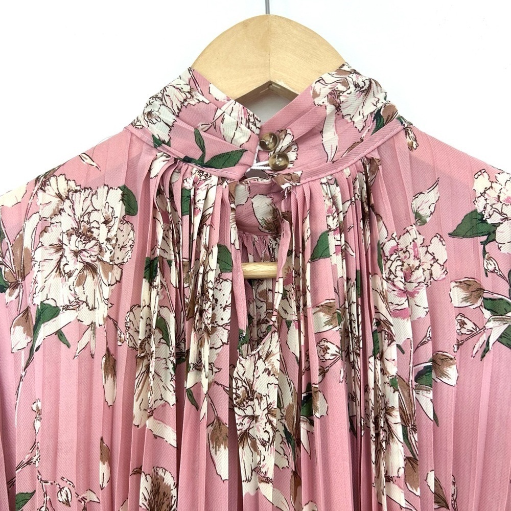 Unique pink printed pleated dress maxi flowy floral print long sleeve - Picture 6 of 9